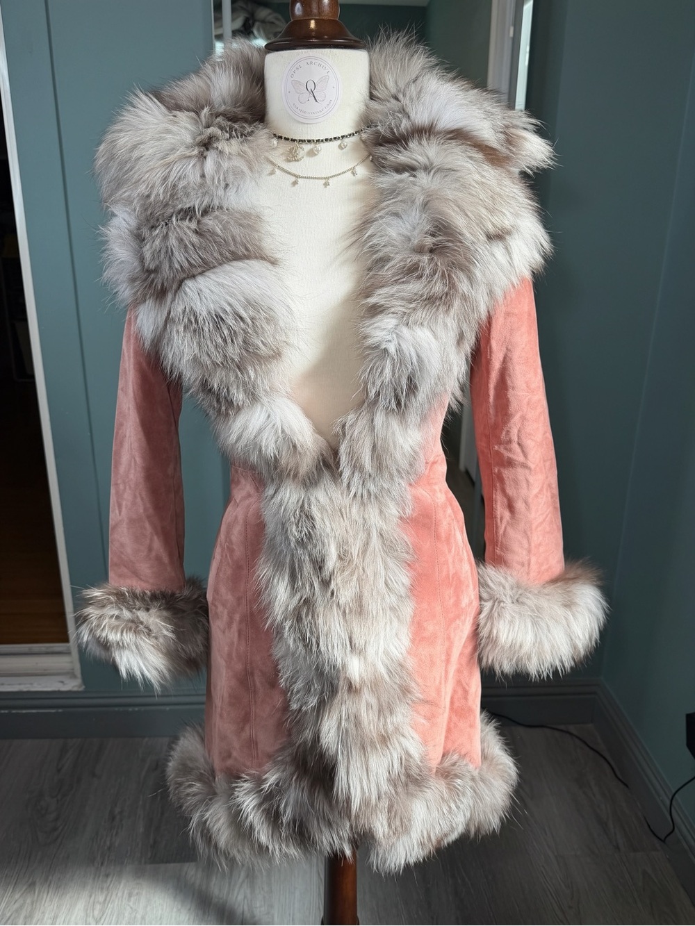 VERO MODA Pink Genuine Pig Leather Real Fox Fur Fitted Hourglass Coat Y2K XS